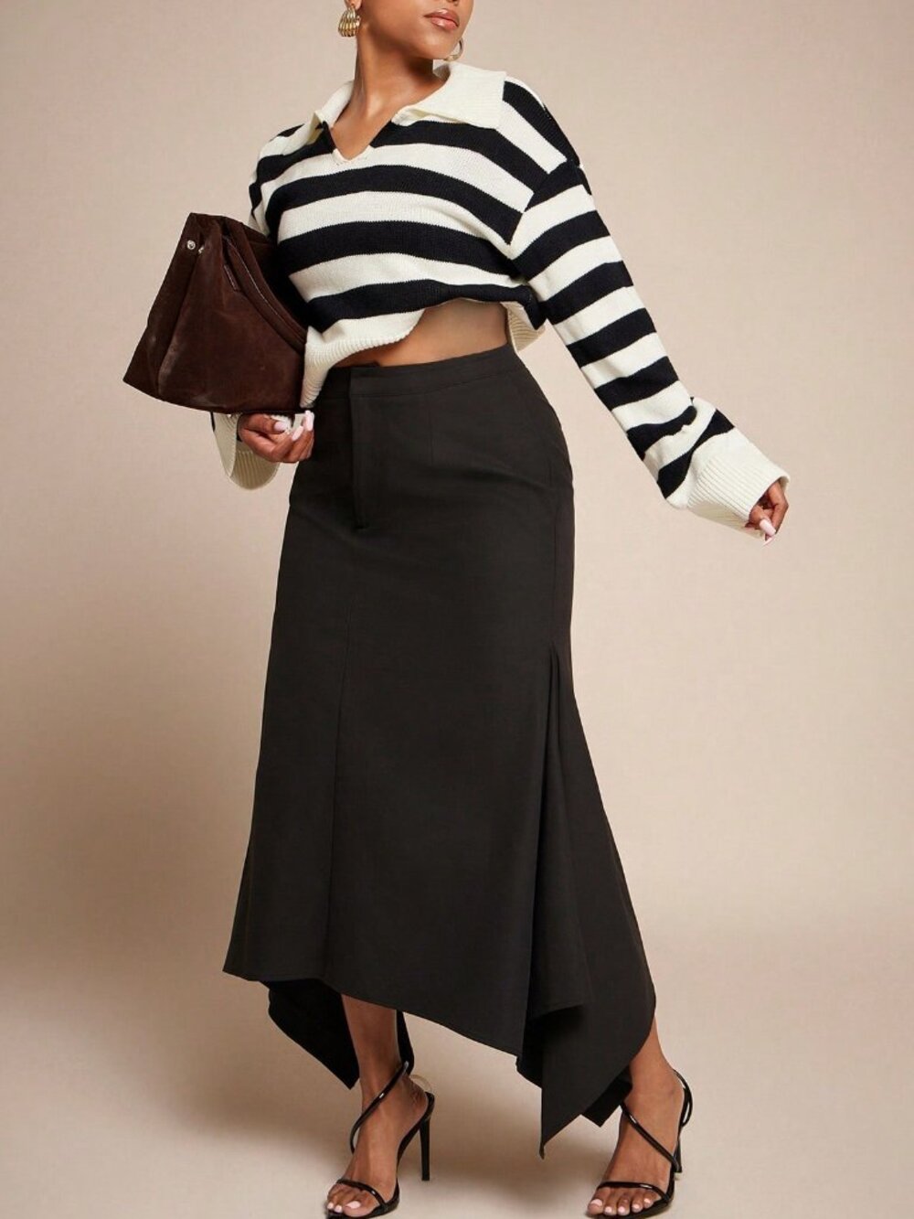 Black Elegant Women's Slight Stretch High Waist Asymmetrical Hem Office Skirt - Picture 3 of 5